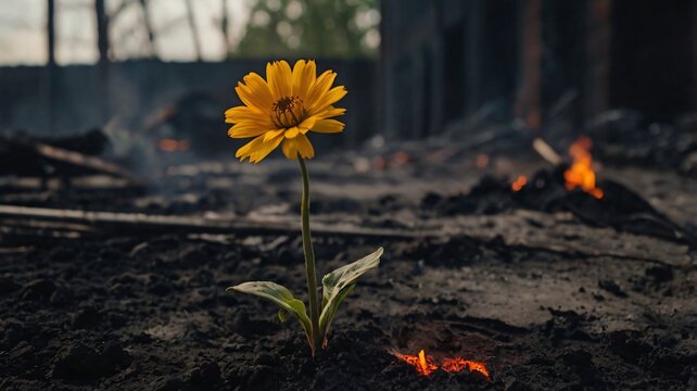 A vibrant flower rises from the scorched earth, surrounded by remnants of a devastating fire. Its bright color contrasts with the ash and debris, signifying hope and rebirth