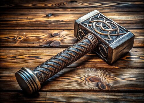 Majestic hammer of Thor, Mjolnir, adorned with intricate Viking-inspired patterns, rests on a rustic wooden surface, exuding strength, power, and ancient Norse protection.