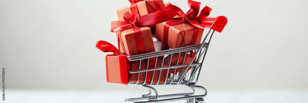 Poster A miniature shopping cart overflows with neatly wrapped boxes, each tied with a vibrant red ribbon, creating a festive and appealing display for holiday shopping