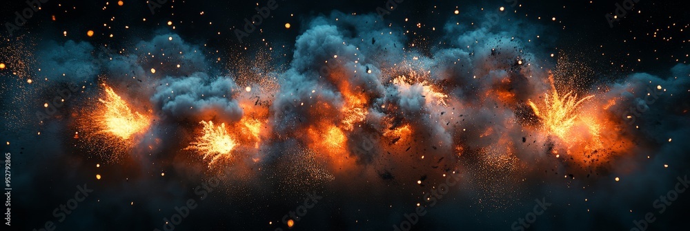 Poster a series of dynamic explosions bursts forth in vibrant colors, creating a stunning visual against a 