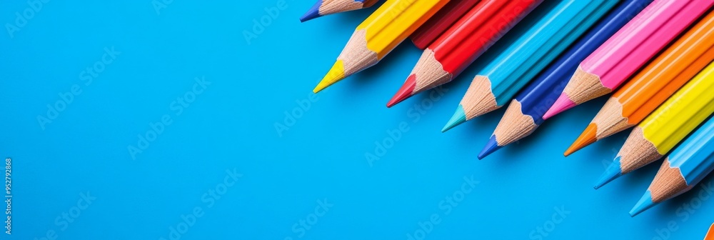 Poster a colorful collection of sharpened pencils is arranged diagonally across a bright blue background, i