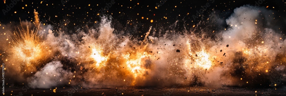 Poster a series of explosions bursts forth with vivid colors and energy, creating a visually striking displ