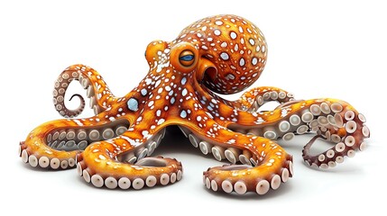 Fototapeta premium A vibrant, orange and white spotted octopus with large blue eyes rests on a white background with its tentacles curled.