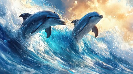 Naklejka premium Two dolphins joyfully leaping out of the ocean waves at sunset, capturing the beauty and grace of marine life in a vibrant, dynamic seascape.