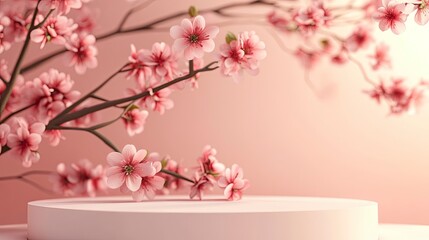 Natural beauty podium backdrop with spring sakura cherry blossom tree branch. 3d rendering. generative ai
