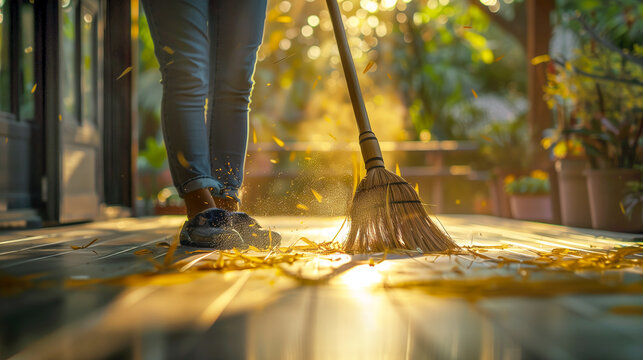 Person sweeping the terrace with a broom