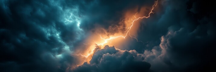 A striking lightning bolt slices through the dark sky, casting a brilliant light on the surrounding clouds during a dramatic thunderstorm at night