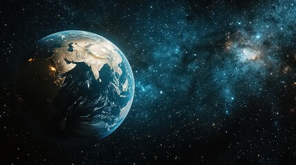 Naklejka premium A stunning view of Earth from space, highlighting the beauty and vastness of our planet against a backdrop of the starry cosmos.