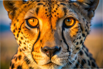 Fototapeta premium A cheetah with a yellow eye staring at the camera. The cheetah is in a natural setting, with the sun shining on it. Concept of curiosity and focus