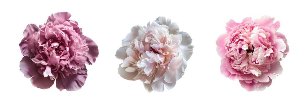 Fototapeta PNG White and pink peonies set isolated on transparent background. Clipart template for collages, cards and posters, spring style, romance, congratulations