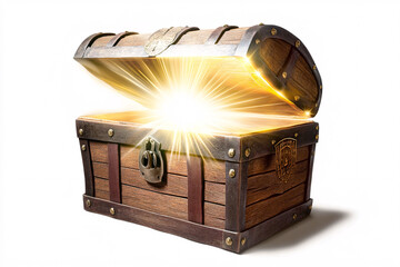 A wooden treasure chest with a metal lock opens revealing radiant golden light shining outward against a white background
