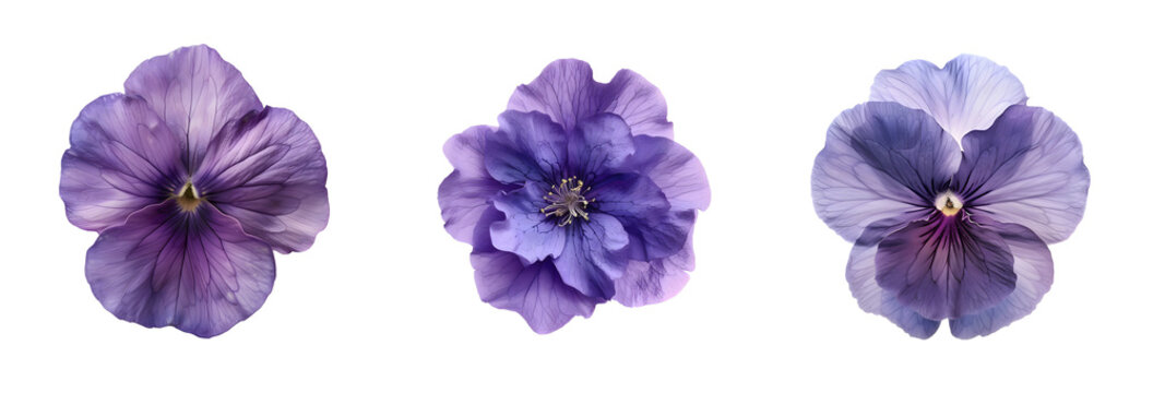Lilac violet or viola PNG set isolated on transparent background. Clipart template for collages, cards and posters, spring style, romance, congratulations