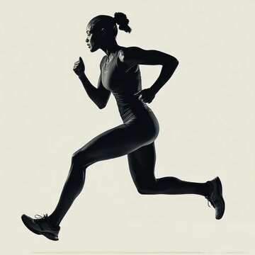 recommend clip art: A silhouette of a female runner in mid stride with her right leg extended forward and her left arm bent at the elbow, with her fist clenched.