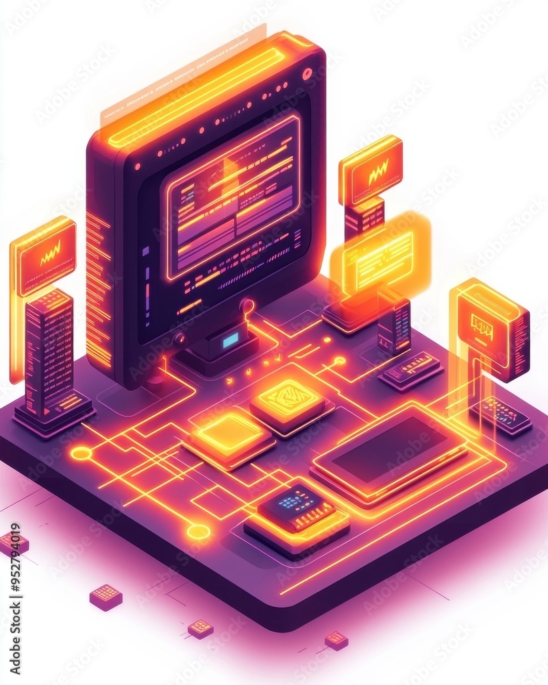 Poster neon glow computer network, vibrant isometric design showcasing interconnected digital nodes and glo