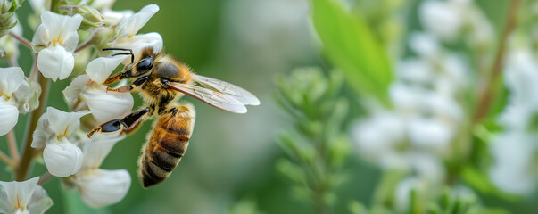 Bee on a white flower, close-up. Banner concept template for international bee day, summer picture, important insects with copyspace