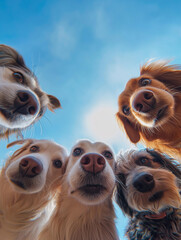 Five dog muzzles lean over something that seems to interest them.