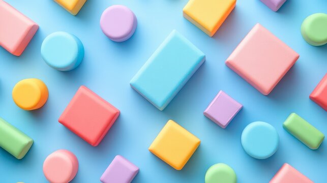 Colorful assorted geometric shapes scattered on a blue background