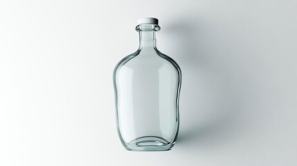 A clear glass bottle with a rounded shape and a white cap, suitable for various liquids.