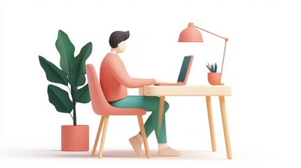 Fototapeta premium Teleworking flat design, side view, virtual support theme, 3D render, Split-complementary color scheme