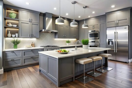 Modern grey kitchen features sleek cabinets with clean lines, stainless steel appliances, and crisp white countertops, exuding a sense of sophistication and minimalism.