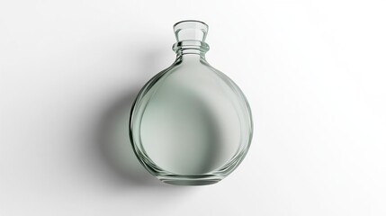 A clear glass bottle with a round shape and a narrow neck, placed on a white surface.