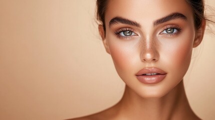 Elegant woman with expertly applied makeup, including smoky eyes and contouring, posing confidently in a stylish setting with a neutral background.