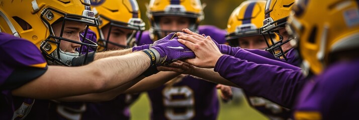 A dedicated high school football team of teenage boys gathers in a huddle, focusing intently on their upcoming practice, showcasing teamwork and determination