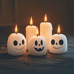 Five white candles made as jack-o'-lanterns setting on a dark background, Halloween concept.