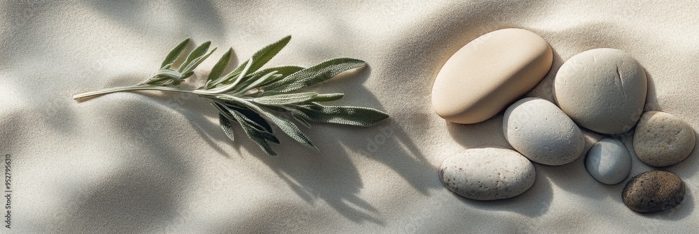 Poster a single sage twig lies next to an arrangement of smooth pebbles set on soft sand, emphasizing the n