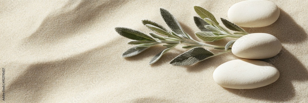 Aufkleber a delicate sage twig rests next to smooth pebbles on soft sand, creating a tranquil composition that