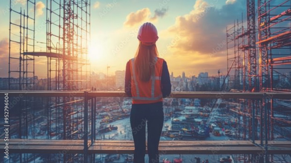 Poster female site engineer standing on scaffolding, overseeing the installation of structural elements wit