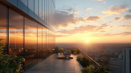 Sunset reflection on glass walls in empty modern office building