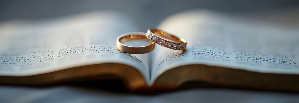 A poignant depiction of two wedding rings delicately placed on the pages of an open Bible serves as a reminder that a marriage grounded in faith is capable of enduring any challenges and standing the