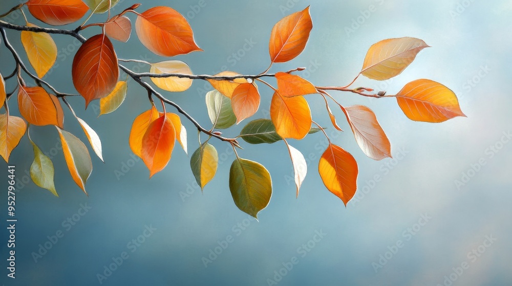 Poster a branch of leaves transitioning from autumnal hues of orange and yellow to a hint of spring green, 