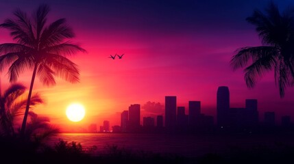 A breathtaking sunset casts a warm glow over a cityscape framed by palm trees, evoking a sense of tranquility, tropical beauty, and urban life. The silhouette of the city against the vibrant sky creat