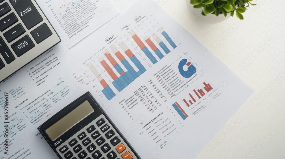 Poster flat lay of a business finance report with detailed charts, graphs, and numbers, accompanied by a ca