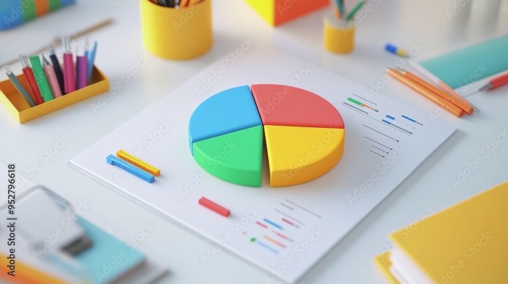 Poster flat lay of a business report featuring a 3d pie chart with different colored slices and percentage 
