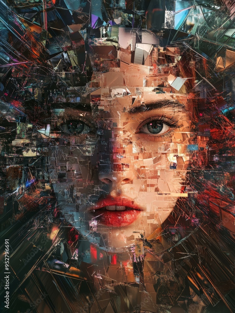Poster a captivating abstract portrait of a woman's face, composed of numerous digital fragments that creat