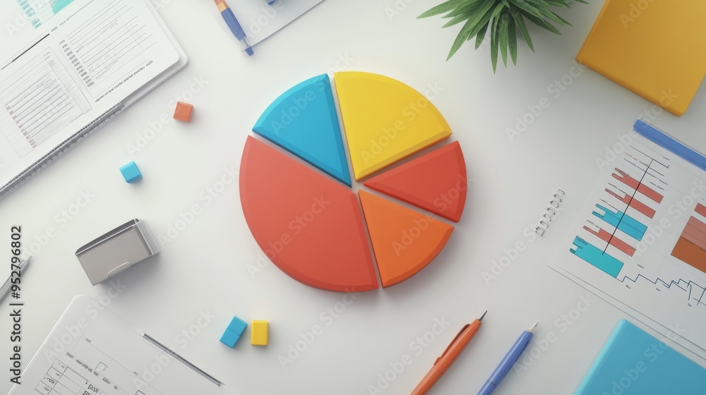 Aufkleber flat lay of a business report featuring a 3d pie chart with different colored slices and percentage 