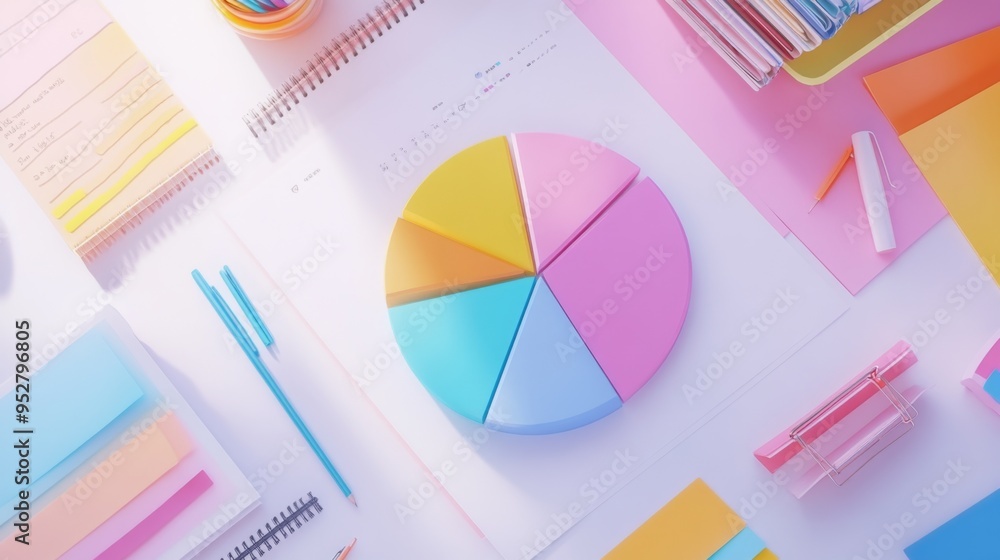 Aufkleber flat lay of a business report featuring a 3d pie chart with different colored slices and percentage 