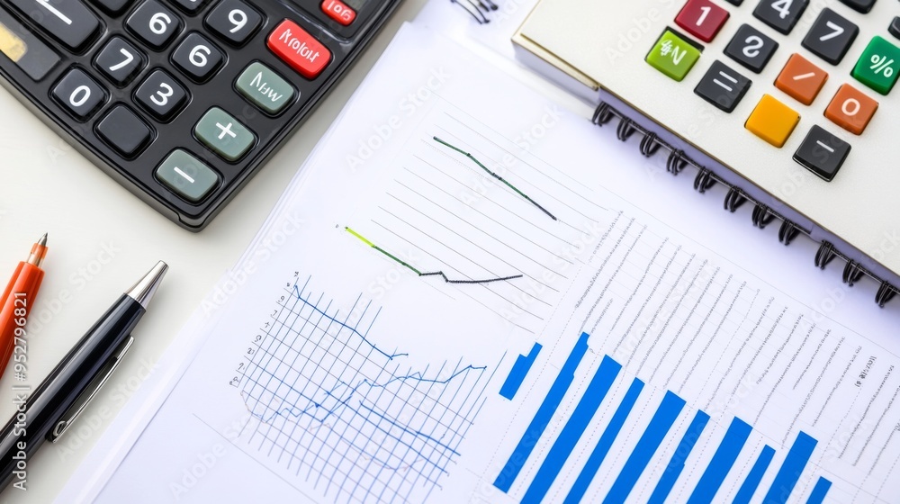 Aufkleber flat lay of a business report with graphs, charts, and financial data, arranged on a white desk with
