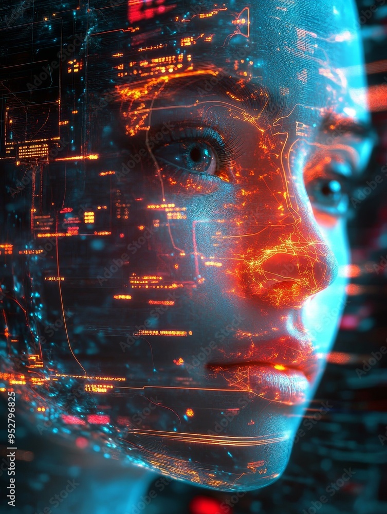 Poster a captivating image of a woman's face enveloped by a digital network, symbolizing the integration of