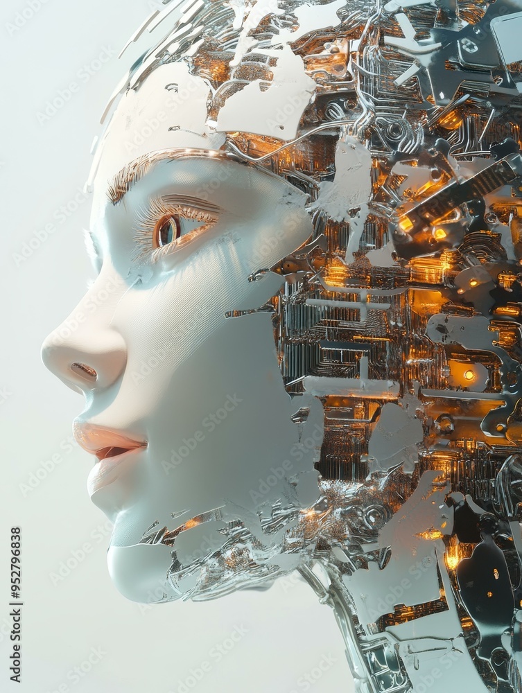 Poster a captivating image of a human face in a futuristic, mechanical style, showcasing the complex circui