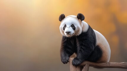 Fototapeta premium A captivating image of a panda bear in its natural environment, showcasing its unique black and white fur, endearing facial features, and peaceful demeanor. The soft, golden light highlights the anima