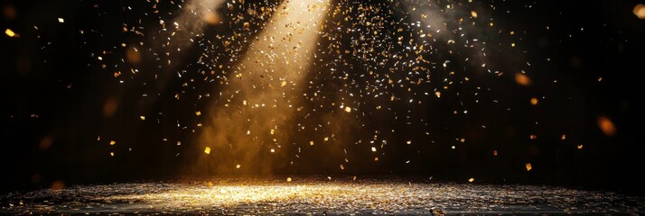 A dark stage is brought to life by a radiant golden beam of light, with shimmering confetti cascading softly, enhancing the festive ambiance for an event or performance