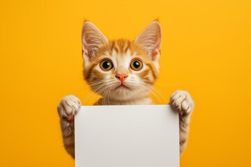 Cute cat holds a mock-up blank sheet of paper in its paws, set against a solid background, for adding custom text or designs.