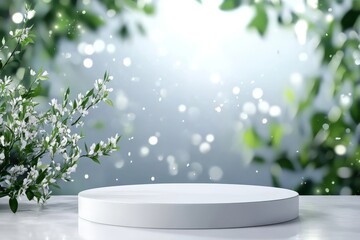 A clean and elegant 3D podium,  in white, sits on a marble surface. The backdrop is a soft, blurred image of green leaves and white blossoms, creating a gentle and serene atmosphere. The scene is illu