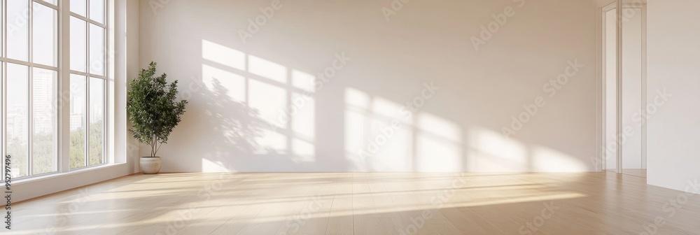 Poster a spacious, empty room features large windows allowing ample natural light to brighten the clean, mi