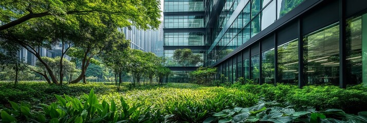 Fototapeta premium A striking contemporary office building is surrounded by vibrant greenery, creating a harmonious blend of nature and urban architecture under clear blue skies