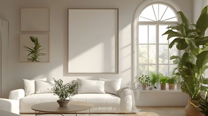A modern living room featuring a white sofa, a vintage coffee table, an arched window, and a large, empty art poster frame, bathed in soft natural light